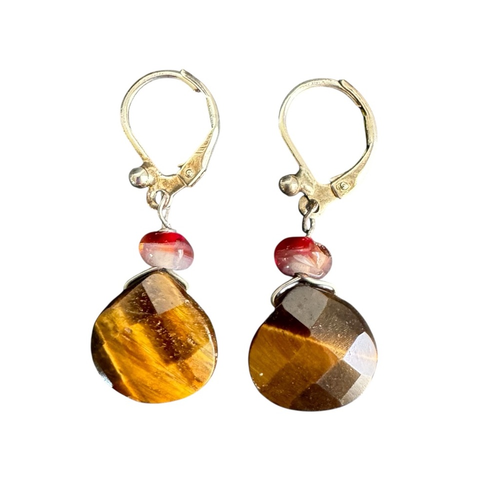 Vintage Tiger‎ Eye Drop Earrings Bead Natural Gemstone Faceted Tear Drop Fairy
